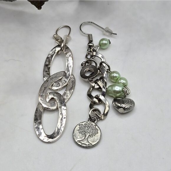 "5/$25" Mismatched Silvertone Beaded Tree of Life/Circle Dangle Earrings - Picture 2 of 8